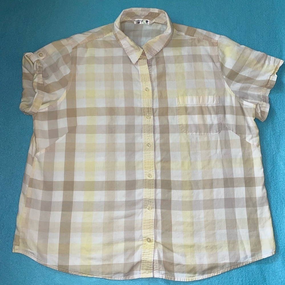 RIDERS by LEE plaid roll tab short sleeve button up butter yellow tan size XL